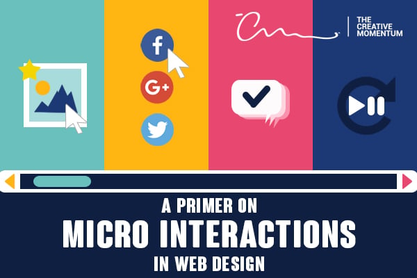 A primer on micro interactions in web design. [graphic] Cursors hover over website icons - image, social media, chat bubble, video play button