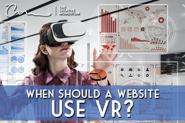 Which should you use virtual reality (VR) on a website? A person wears a VR headset and touches a screen showing graphs and the world map.
