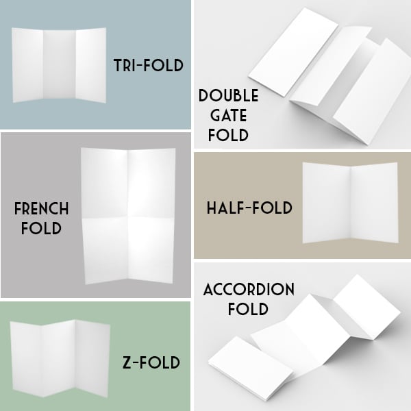 Common brochures folds - tri-fold, double-gate fold, french fold, half-fold, z-fold, accordion fold. Read for descriptions.