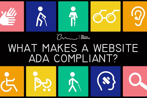 What makes a website ADA compliant? Icons - glasses, ear with hearing aid and people with accessibility challenges - cane, prosthetic leg, pregnancy, wheelchair, etc.