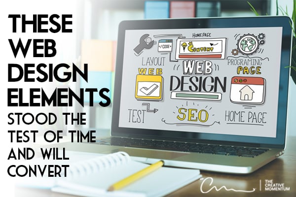 These time-tested web design tricks will convert website visitors. Laptop screen with words - layout, SEO, web design, etc.