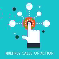 Multiple calls to action is an effective strategy for ecommerce landing page design. Hand pushing a button.
