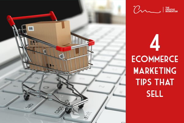 Want to improve your ecommerce conversions? Use these tips. Miniature shopping cart with boxes sits on top of a keyword.