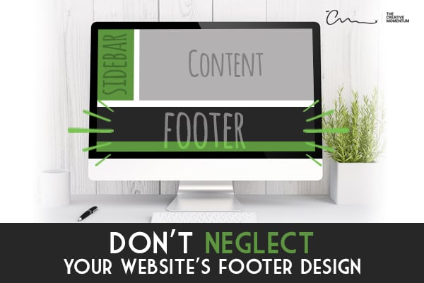 Don't neglect your footer design - iMac computer monitor on white desk with potted plant, screen highlighting footer.