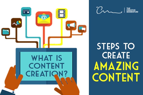 What is Content Creation - Follow these steps to creating amazing content. Hands hold a tablet devise.