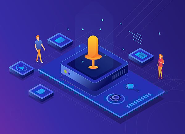 Voice search SEO means figuring out how customers think and speak about you. A large microphone surrounded by people and various digital icons.