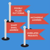 Red flags that indicate negative points for a lead score - poorly filled out form, shady email address, unrelated requests, incoherent answers.