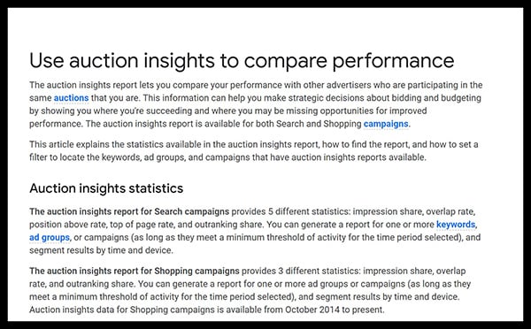 Google's auction insight's tool helps you research your competitor's keywords and compares your performance.