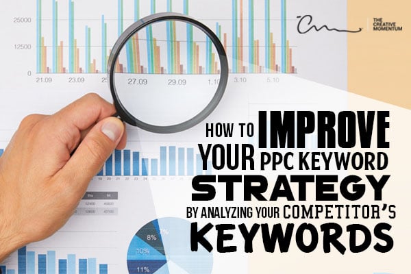 Why analyzing competitor keywords can improve your keyword strategy - hand with magnifying glass looking at a bar graph.