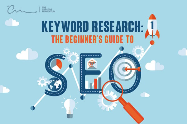 Read here for keyword research and beginner's guide to SEO. Icons - lightbulb, gears, bullseye, graph, envelope, rocket.