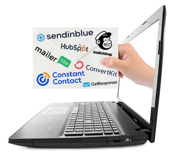 Which email marketing platform is best? - An envelope coming out of a monitor covered in the names of email service providers.