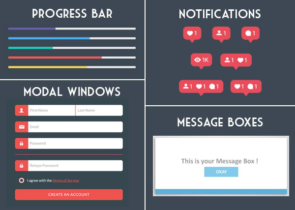 Website UI Design Elements - Informational components like progress bars, notifications and message boxes indicate that something is happening.