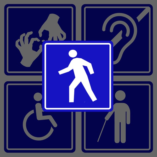 website ada compliance - What is digital ableism? Disability signs - signing hands, deaf, wheelchair, person with cane - covered by a walk sign