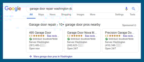 Google Local Trust Pack Benefits for SEO - Google local search result example 'garage door repair washington dc'