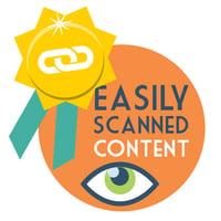 SEO backlink strategy #2 - Create easily scannable content. A gold ribbon with a link icon alongside an eye.