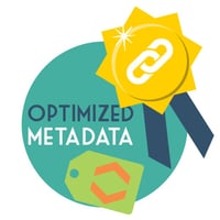 SEO backlink strategy #3 - Optimize your metadata. A gold ribbon with a link icon alongside a tag containing angle brackets.