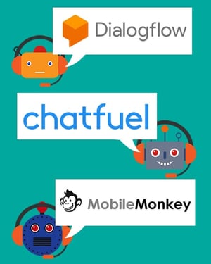 Some great website chatbots are Dialogflow, chatfuel and MobileMonkey - chatbot avatars with chat bubbles