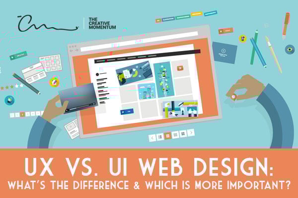 UX vs. UI Web Design - What's the Difference, and Which is More Important? Hands around a laptop screen surrounded by UI elements.