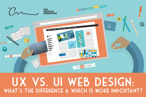 UX vs. UI Web Design - What's the Difference, and Which is More Important? Hands around a laptop screen surrounded by UI elements.