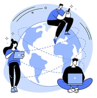 Enterprise marketing -  three people, using different devices, sitting on and around a globe represent multi-channel marketing
