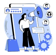 Enterprise marketing - Woman stands in front of phone with megaphone, surrounded by internet icons - shopping bag, avatars, star review