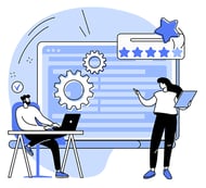 Enterprise marketing software helps manage complex processes -  People discuss marketing software against a large laptop in background