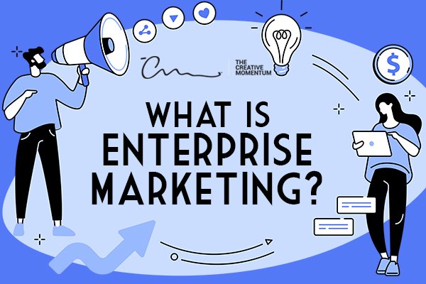 What is enterprise marketing? Man projects "share," "play," and "heart" icons with a megaphone, woman uses a tablet