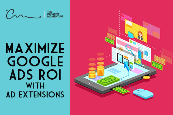 Google Ad Extensions - Maximize Google Ads ROI with ad extensions - smartphone surrounded by icons; coins, bills, chip reader, etc.