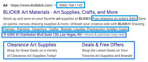 How to reduce cost per lead in Google Ads - Example of Google ad extensions 