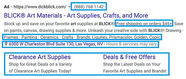 How to reduce cost per lead in Google Ads - Example of Google ad extensions 