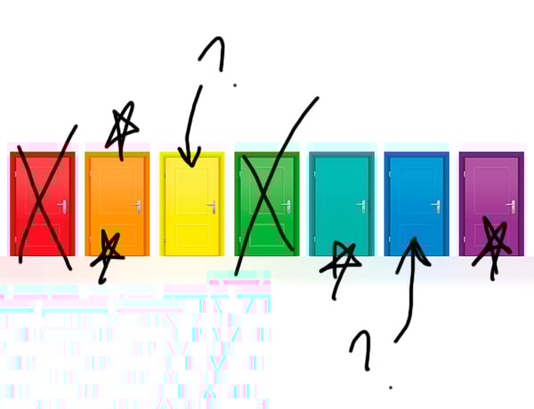 One secret of effective web design? Choose your colors carefully - doors of different colors, some starred, others crossed out