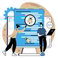 App development design tips - Pilot test your app pilot before public release; people in front of a life size desktop and tablet