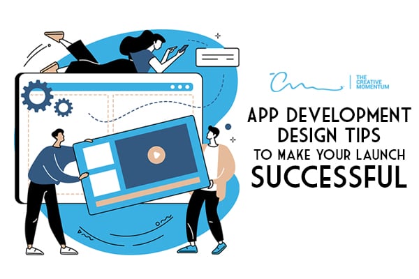 App development design tips to make your launch successful - men hold an oversized screen interface and woman looks at phone